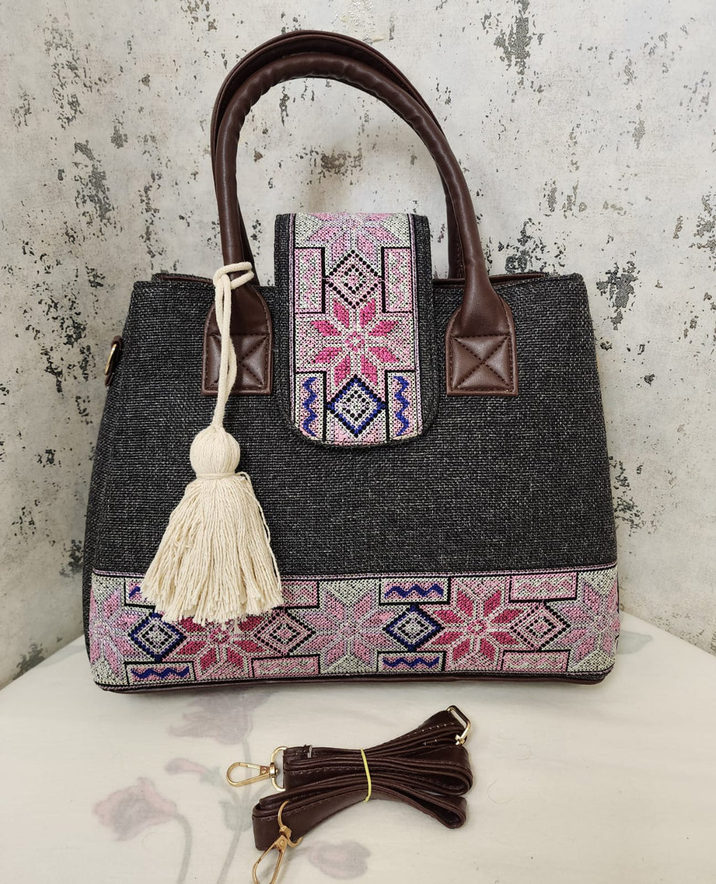 Embroidered Canvas Top Handle Handbag