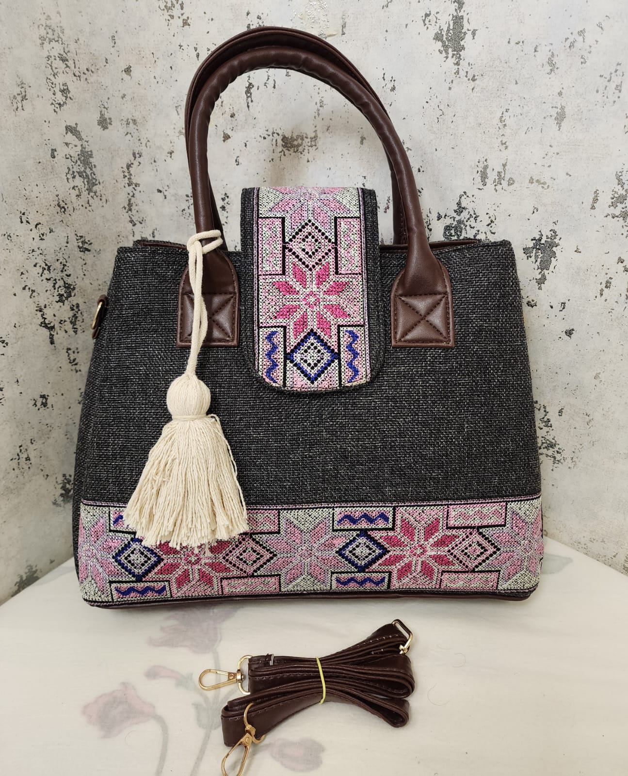 Embroidered Canvas Top Handle Handbag