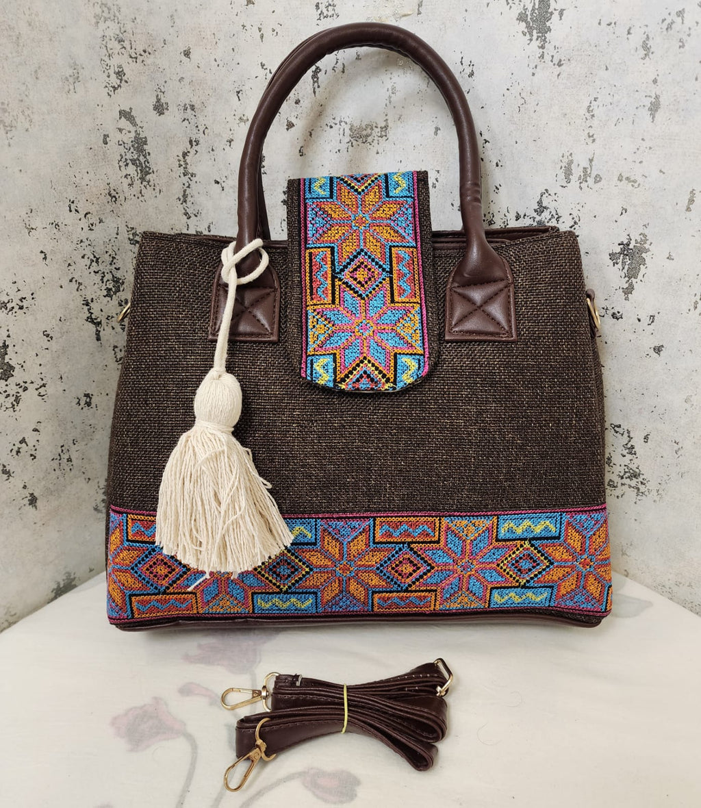 Embroidered Canvas Top Handle Handbag