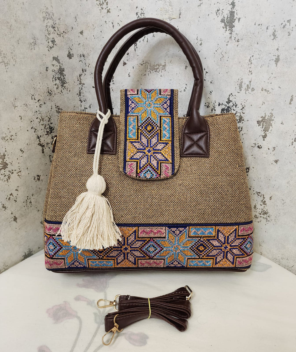 Embroidered Canvas Top Handle Handbag