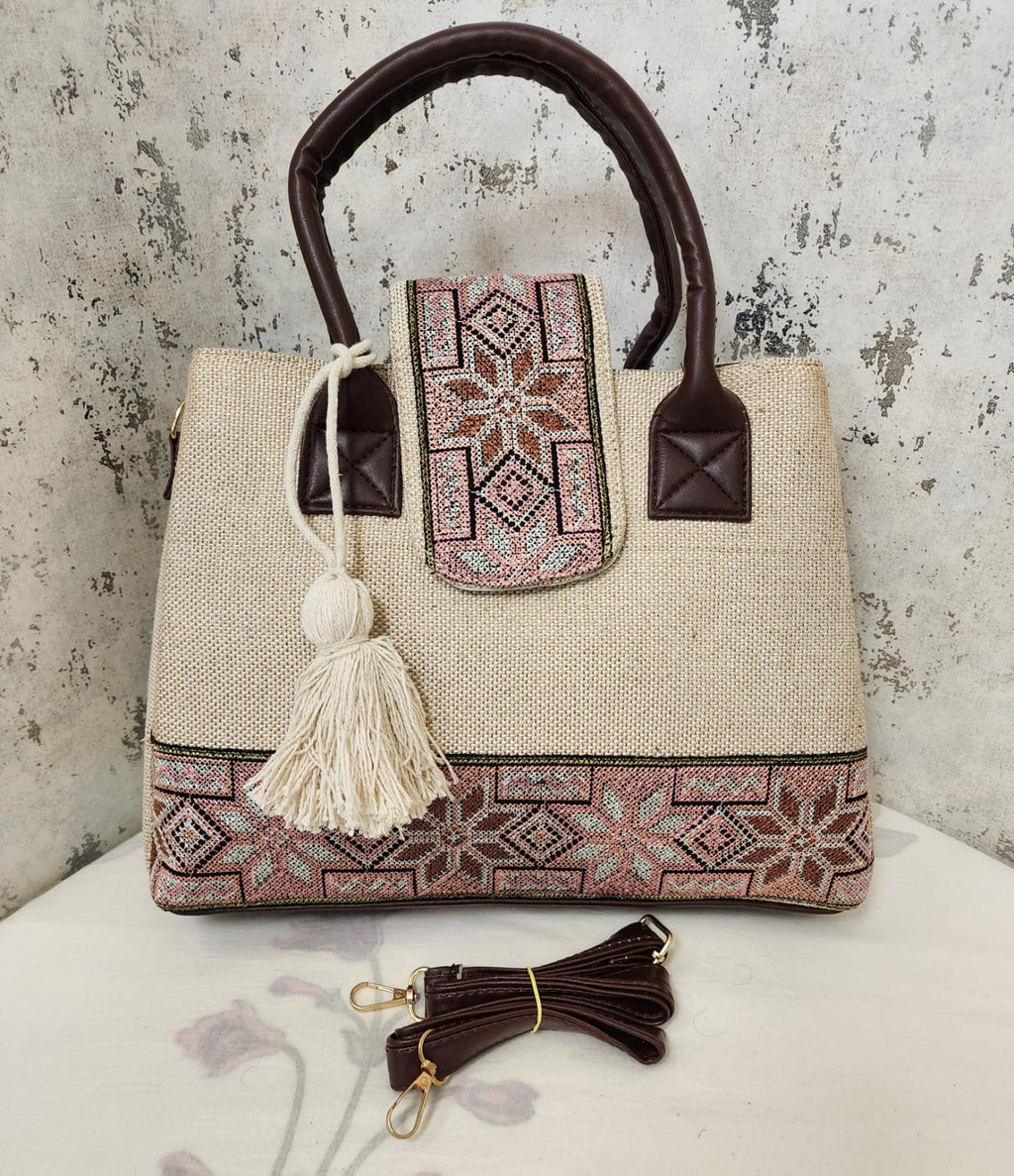 Embroidered Canvas Top Handle Handbag