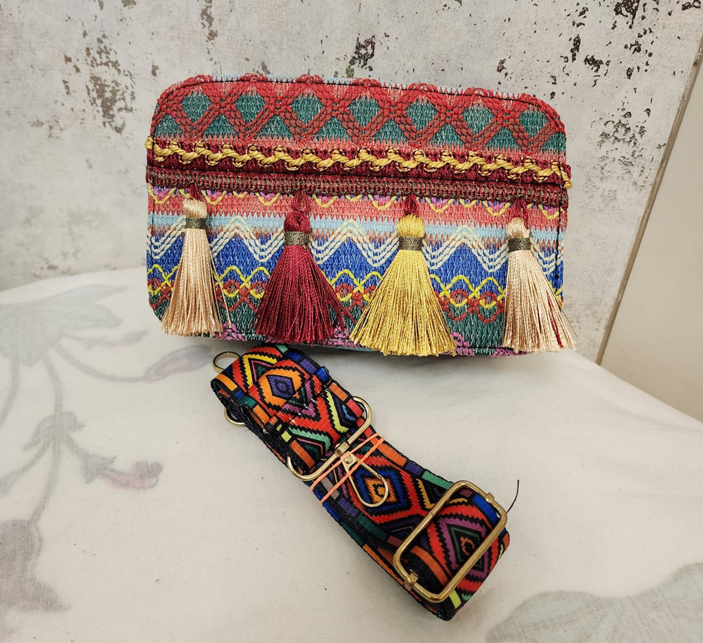 Embellished Tassel Clutch with Detachable Strap