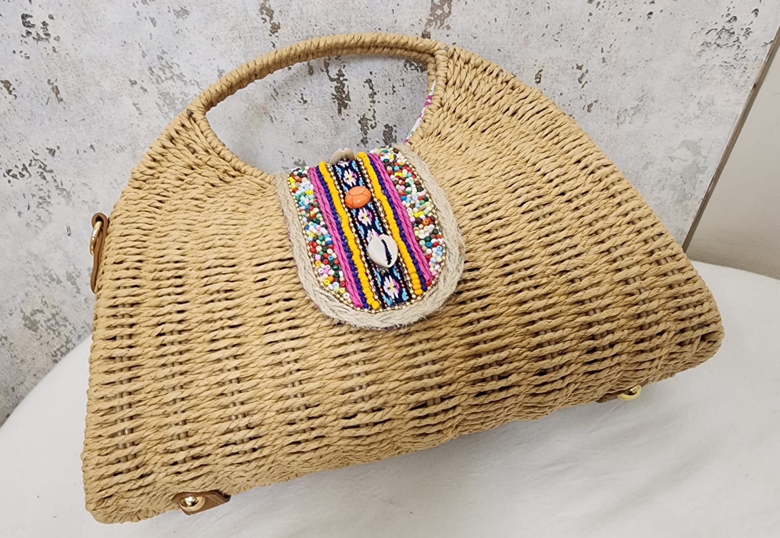 Beaded Accent Woven Top Handle Bag
