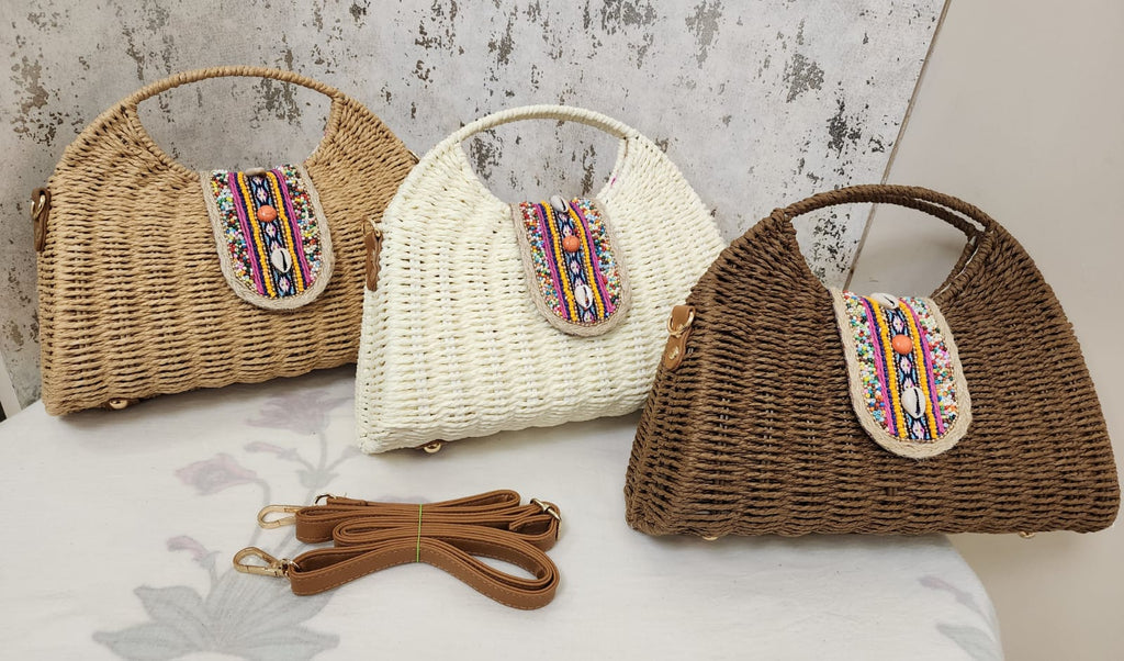 Beaded Accent Woven Top Handle Bag