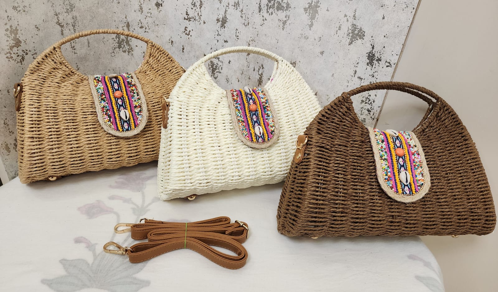 Beaded Accent Woven Top Handle Bag