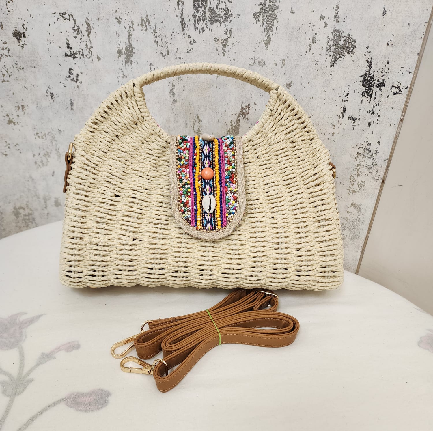 Beaded Accent Woven Top Handle Bag
