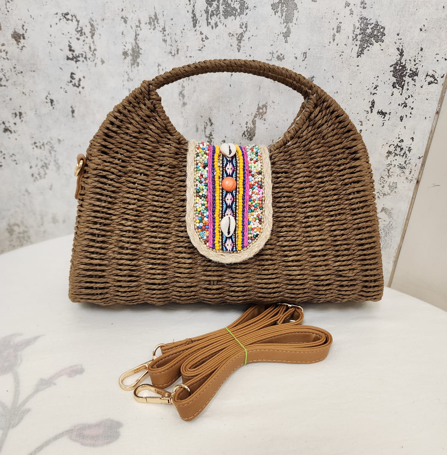 Beaded Accent Woven Top Handle Bag