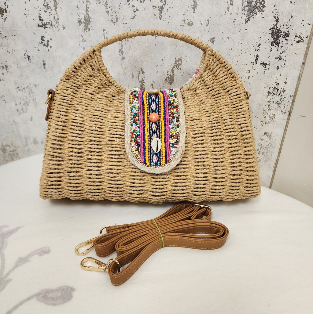 Beaded Accent Woven Top Handle Bag