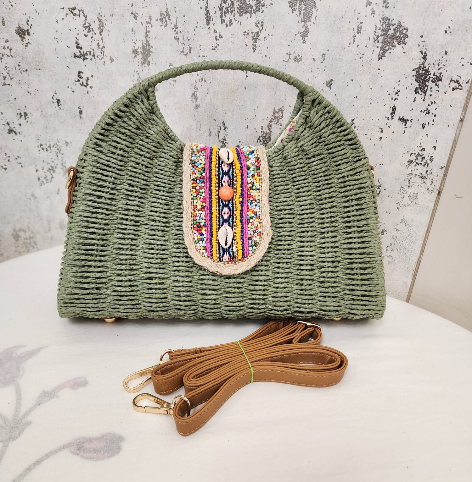 Beaded Accent Woven Top Handle Bag