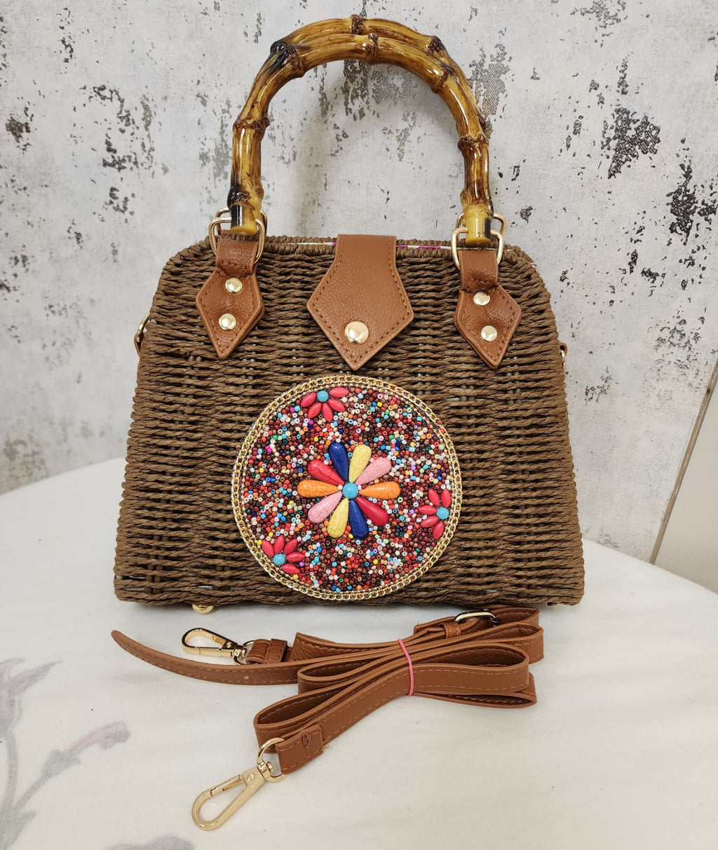 Beaded Accent Woven Top Handle Bag