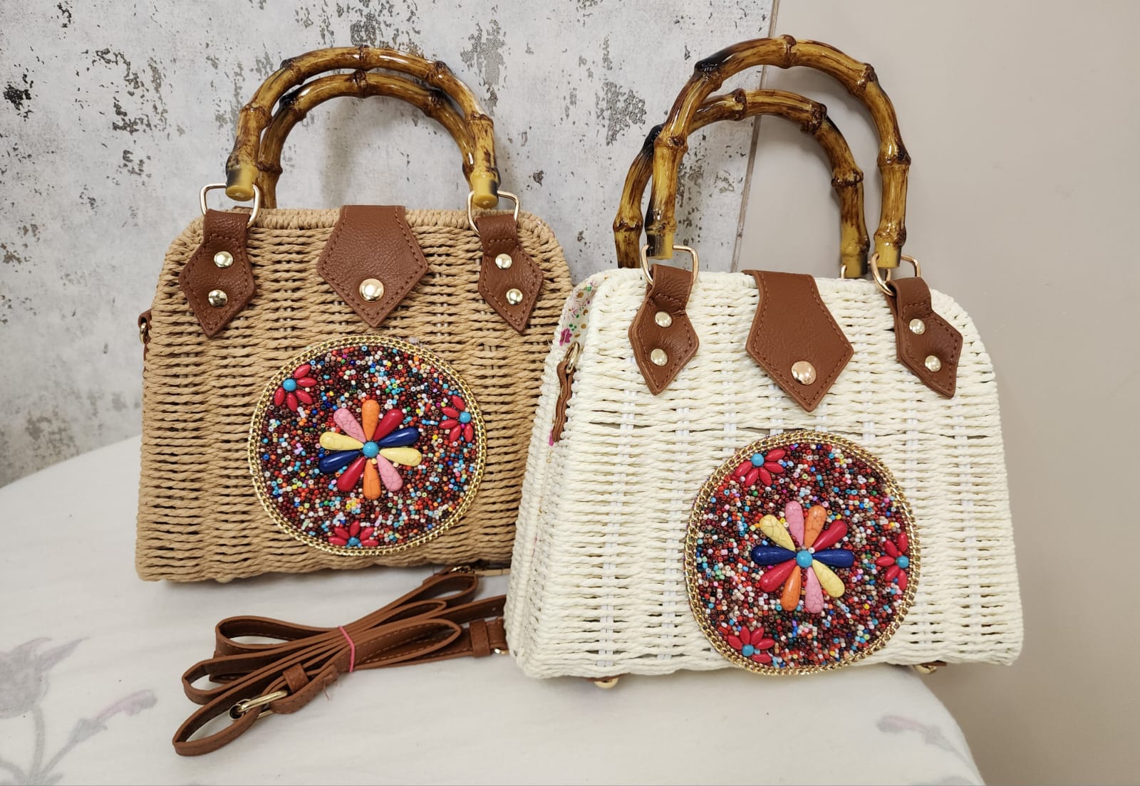 Beaded Accent Woven Top Handle Bag
