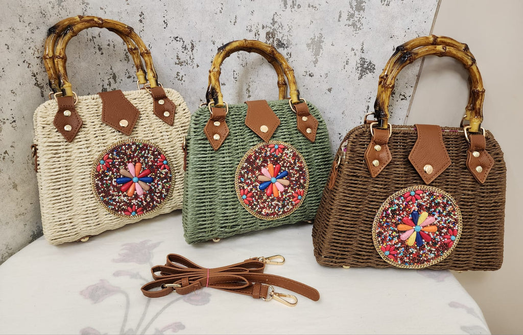 Beaded Accent Woven Top Handle Bag