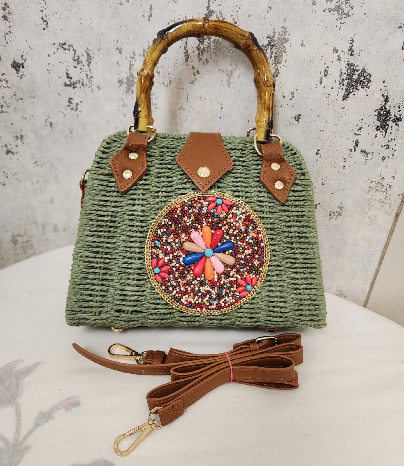 Beaded Accent Woven Top Handle Bag