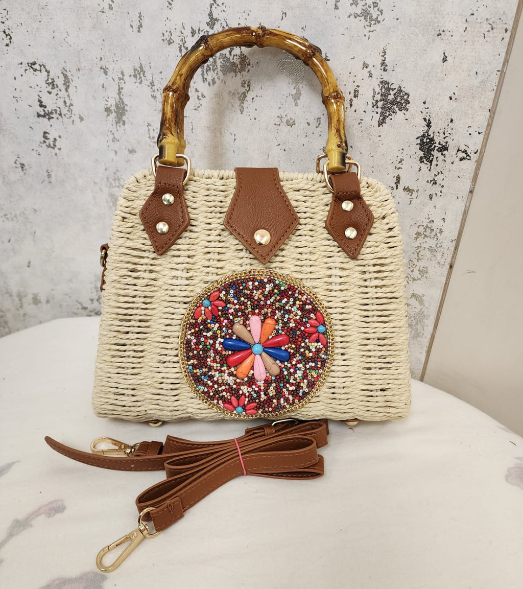 Beaded Accent Woven Top Handle Bag