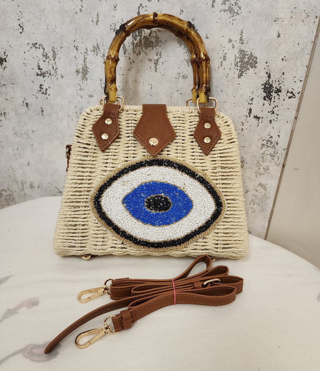 Beaded Accent Woven Top Handle Bag