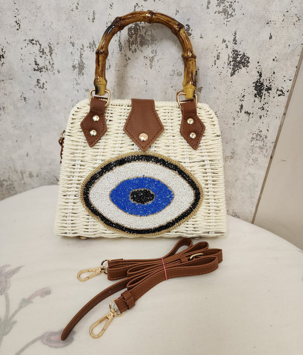 Beaded Accent Woven Top Handle Bag