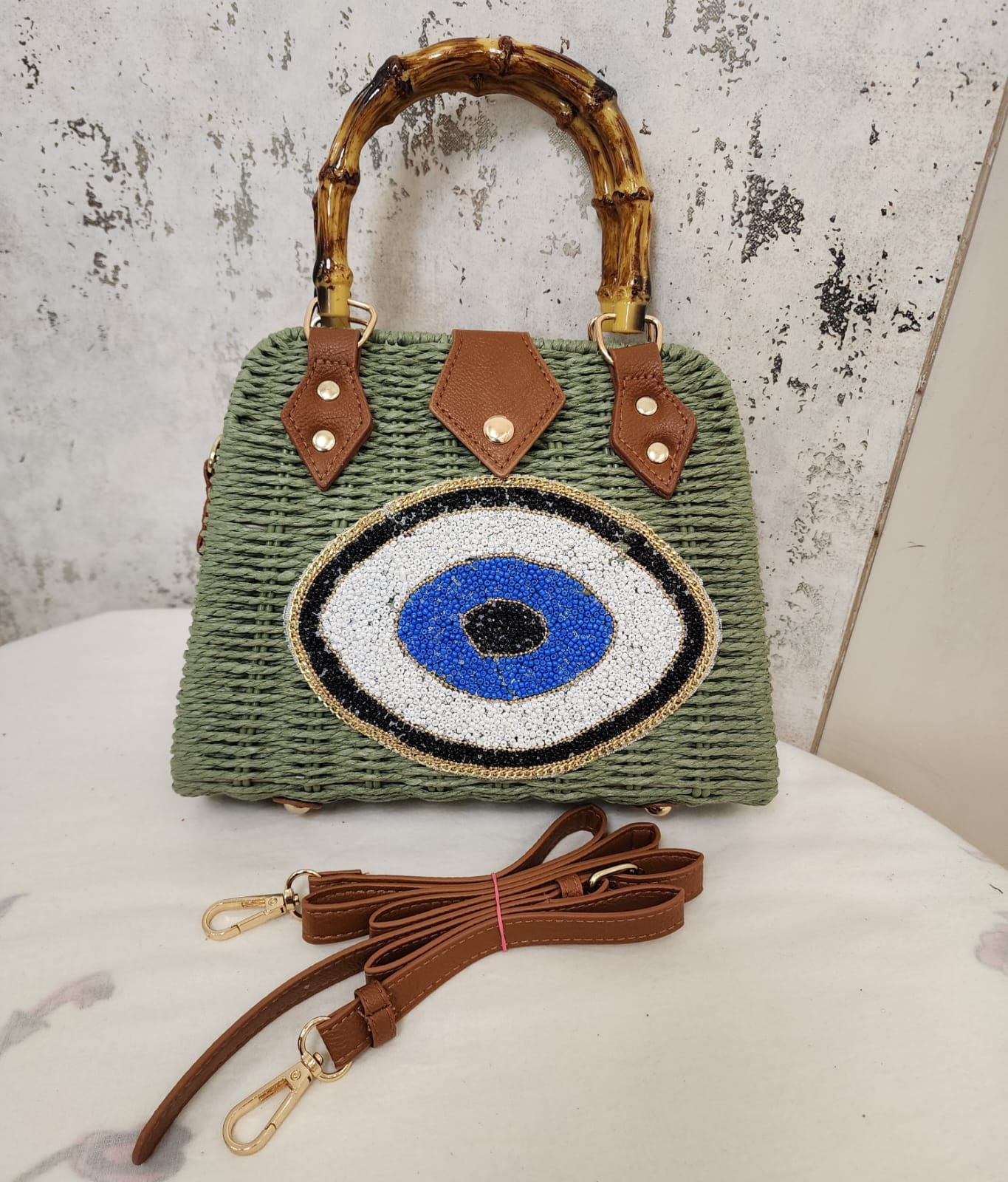 Beaded Accent Woven Top Handle Bag