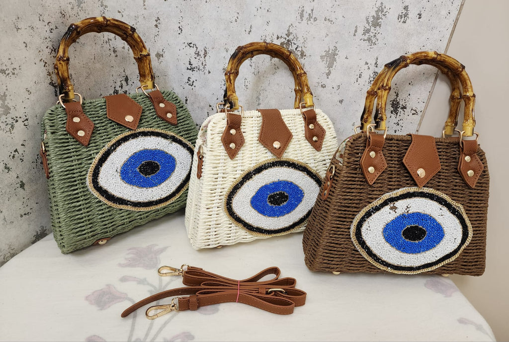 Beaded Accent Woven Top Handle Bag