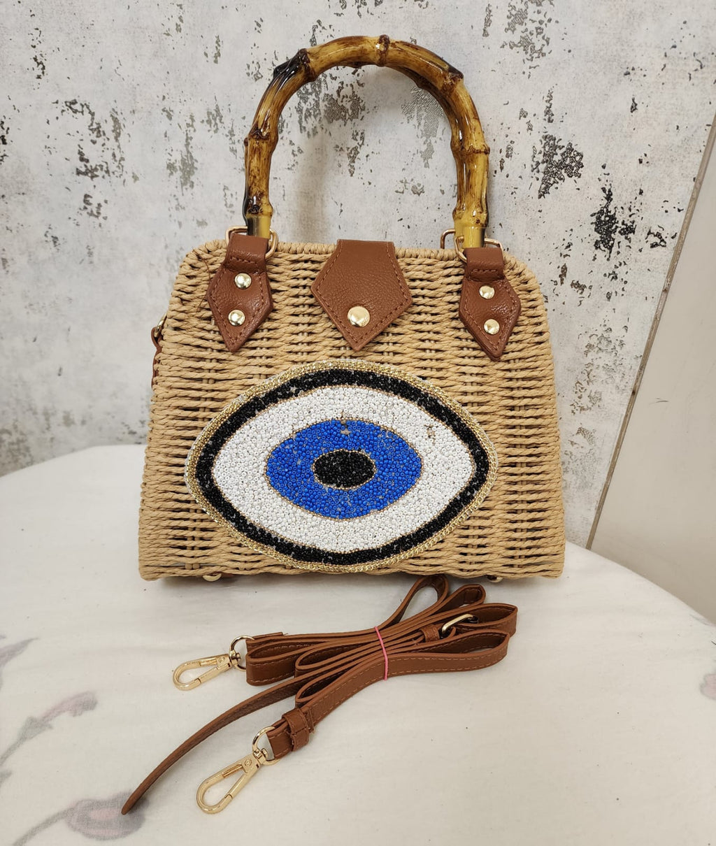 Beaded Accent Woven Top Handle Bag