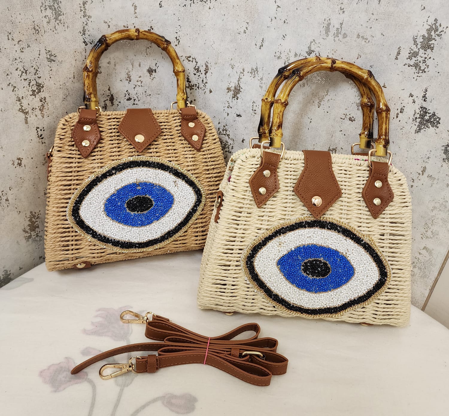 Beaded Accent Woven Top Handle Bag