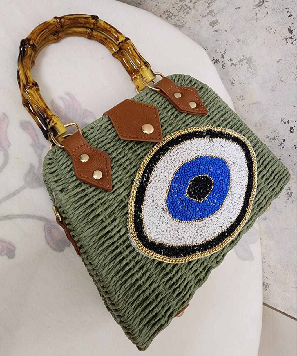 Beaded Accent Woven Top Handle Bag