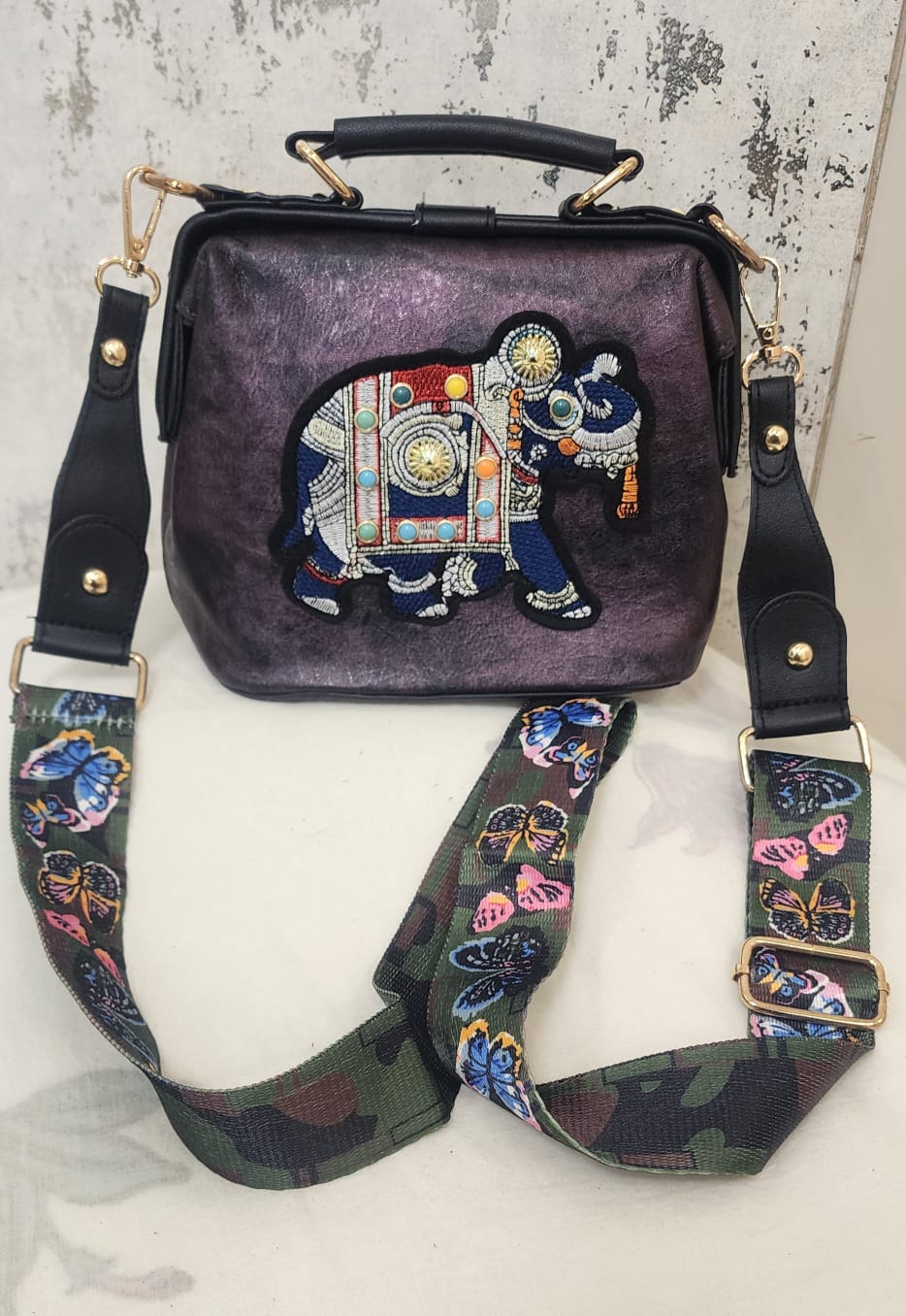 Artisan Elephant Motif Top Handle Bag