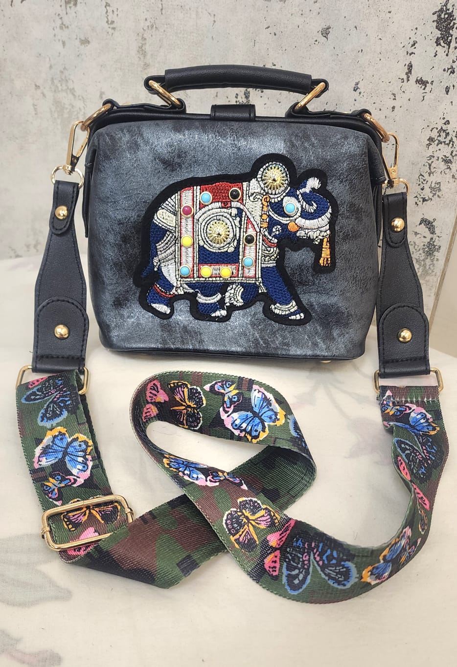 Artisan Elephant Motif Top Handle Bag