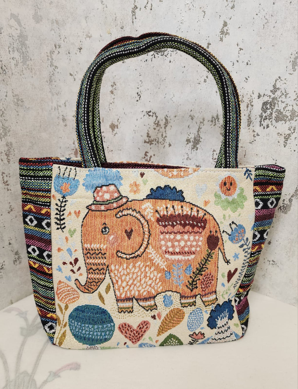 Elephant Motif Woven Tote Bag
