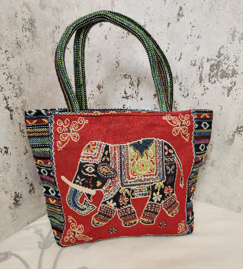 Elephant Motif Woven Tote Bag