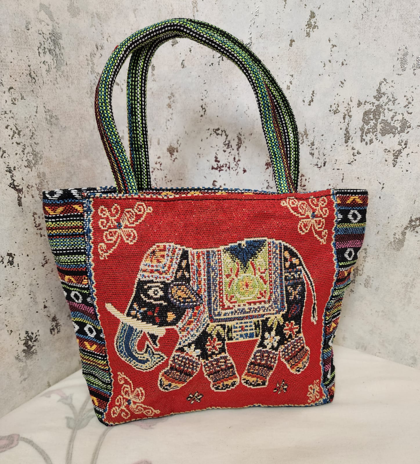 Elephant Motif Woven Tote Bag