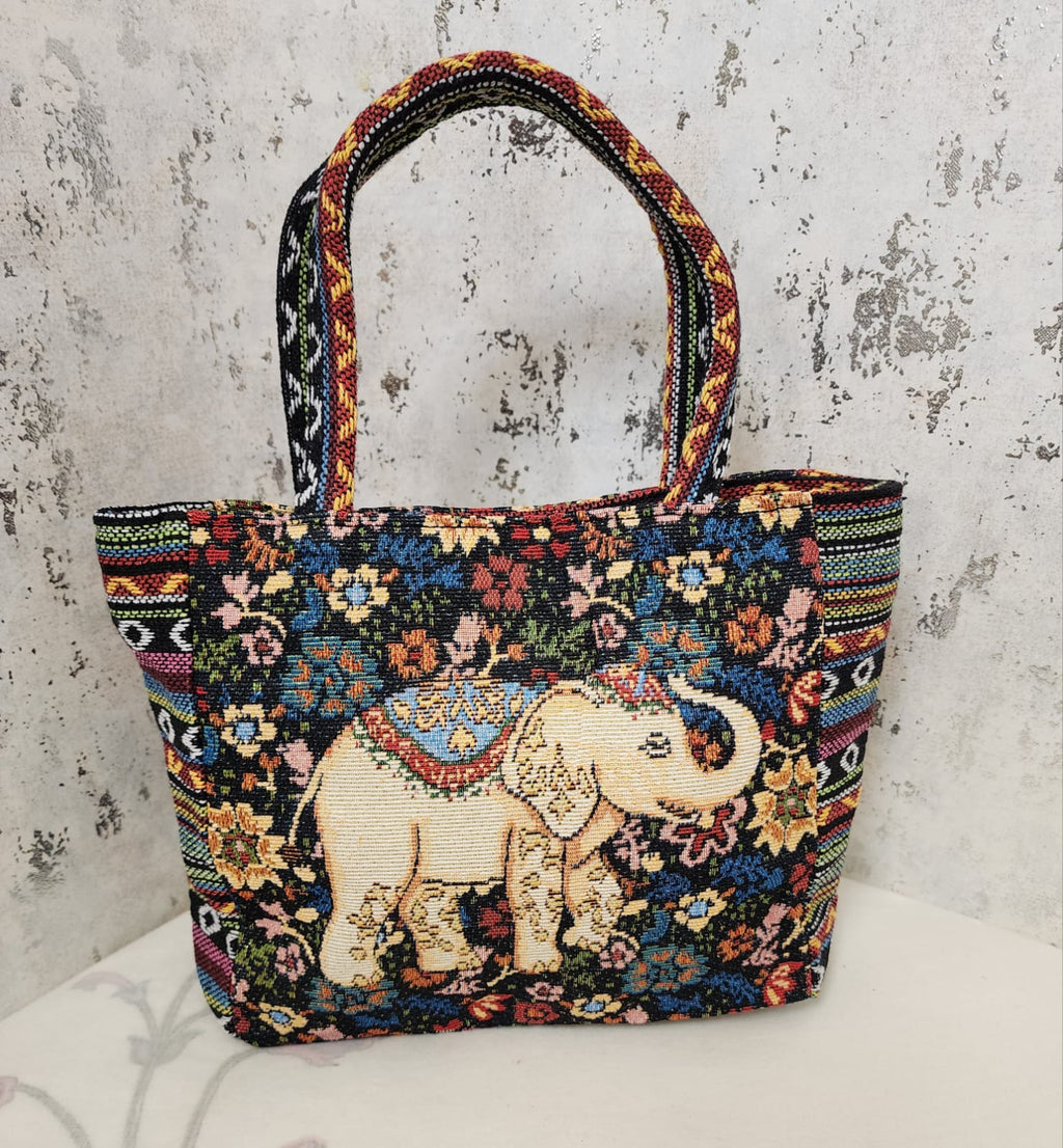 Elephant Motif Woven Tote Bag