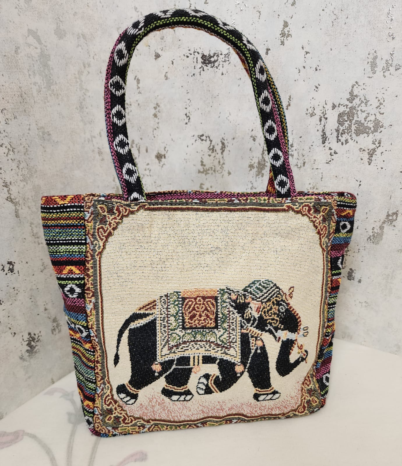 Elephant Motif Woven Tote Bag