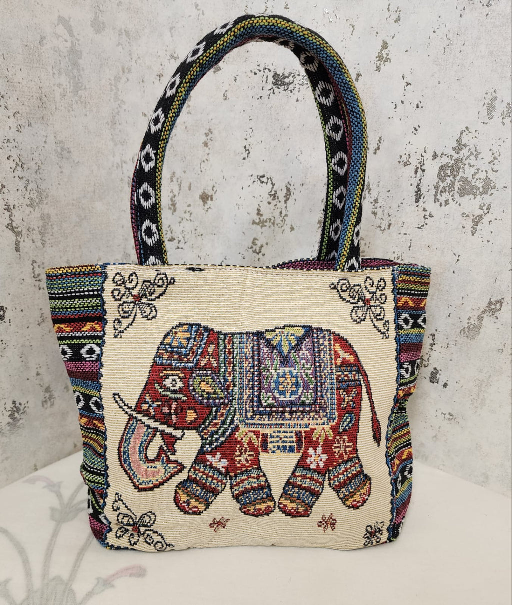 Elephant Motif Woven Tote Bag
