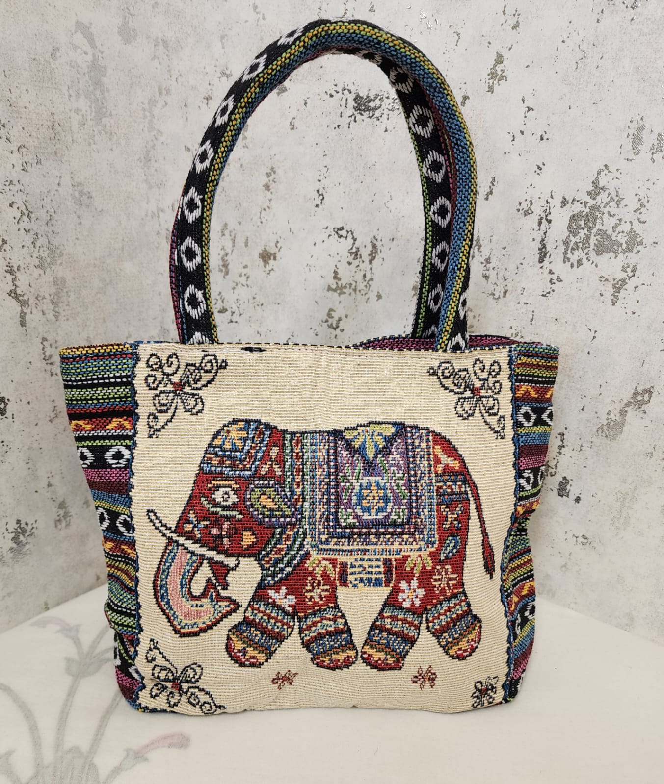 Elephant Motif Woven Tote Bag