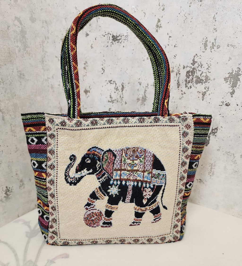 Elephant Motif Woven Tote Bag