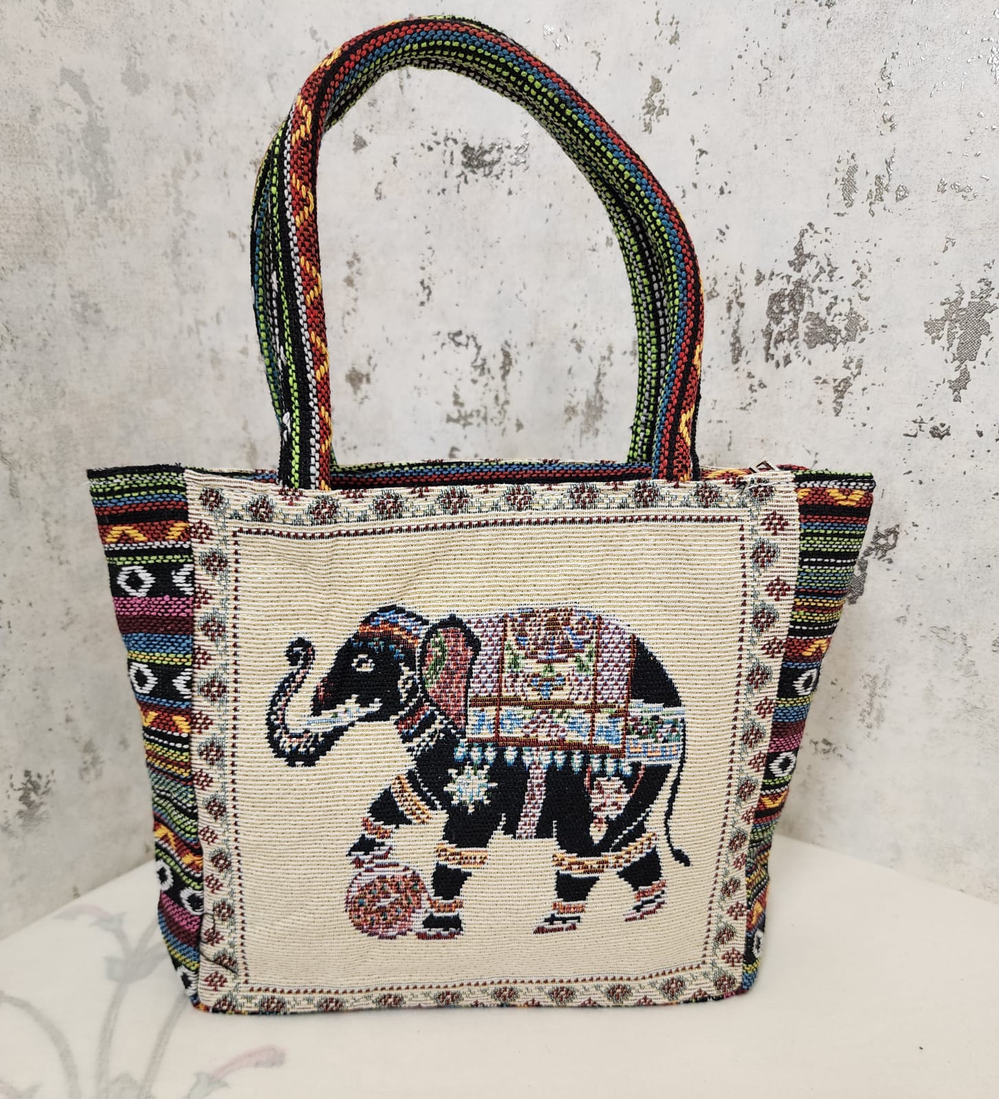 Elephant Motif Woven Tote Bag